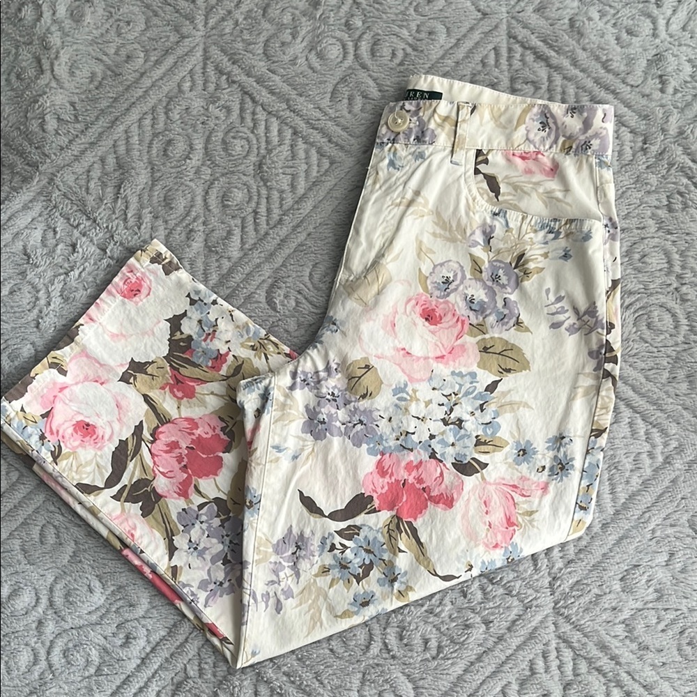 RALPH LAUREN cotton Floral Print cropped capri Pants 4 COQUETTE petal pink prep - Picture 8 of 10